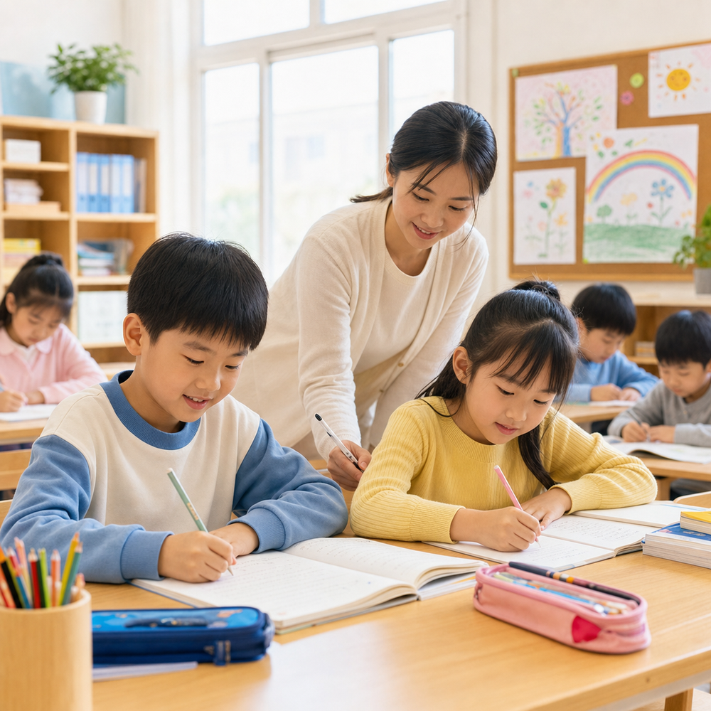 小学生在老师陪伴下完成作业
