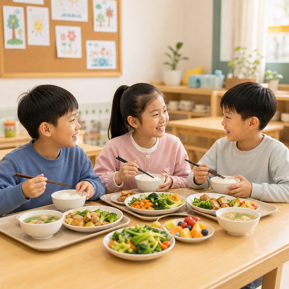 孩子享用营养餐点